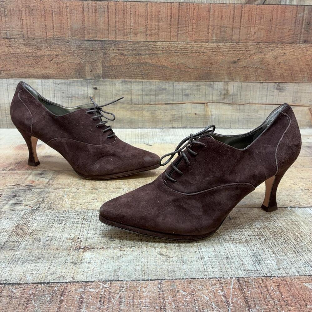 Verano Pumps Womens Size 7.5 38 Brown Suede Lace Up Kitten Heel Shoes Italy
